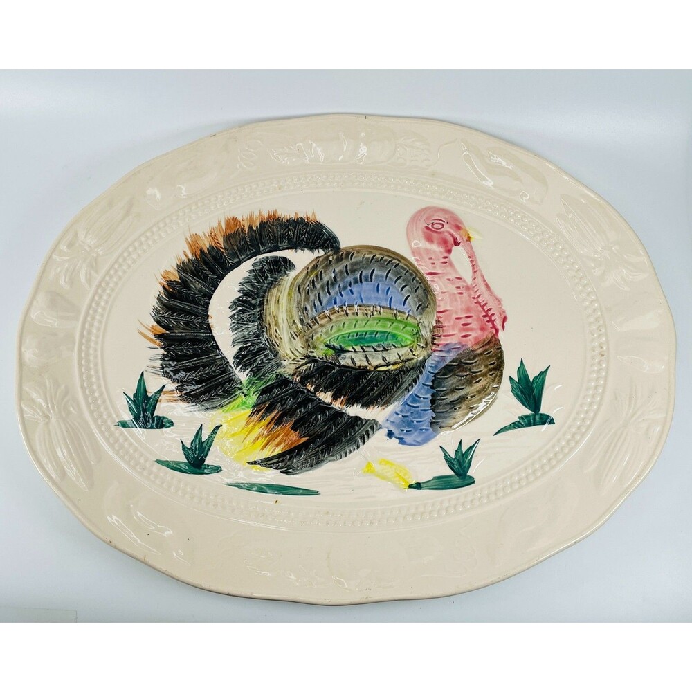 Vintage Hand Painted Turkey Platter 18" Ceramic Thanksgiving Fall Used Japan